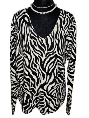 Josephine Chaus Zebra Print V-Neck Knit Sweater Size XL